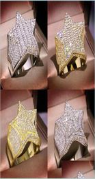 Met zijstenen Heren Gold Ring Stones FivePointed Star Fashion Hip Hop Sier Rings Sieraden 1850 T2 Drop del YzedibleShop DHD8J1938328