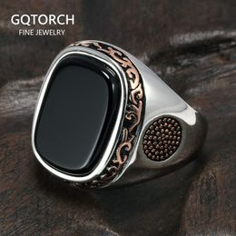 Met zijstenen Echte pure herenringen zilveren S925 retro vintage Turkse ringen voor mannen met natuurlijke zwarte onyx stenen Turkije sieraden 230220