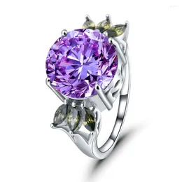 Avec des pierres latérales Seanlov Big Purple Crystal des deux côtés six 14 mm CZ de bague de fiançailles de mariage bijoux pour les femmes comme cadeau