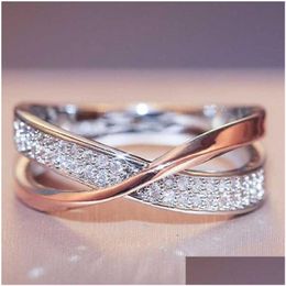 Avec des pierres latérales vendant une bague croisée élégante créative Rosegold Sier Double couleur diamant femmes mariage anniversaire bijoux livraison directe Dhfdk