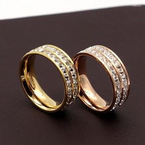 Con piedras laterales, anillos cuadrados de cristales austriacos de doble hilera para mujer, joyería de acero Titanuim, circonita de oro rosa, amor de lujo R011-1