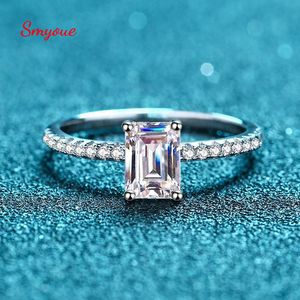 Avec pierres latérales Smyoue Emerald/Radiant Cut 2/1ct Bague en diamant pour femme Sparkly Halo Wedding Promise Band Platine Plaqué Argent 925 230701