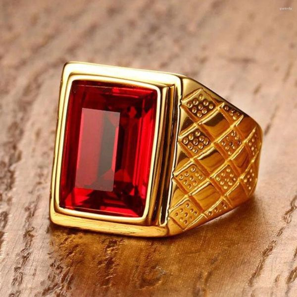 Con piedras laterales de acero inoxidable, cuadrado geométrico Red Red Rhinestone Ring para hombres Boda de boda Anillos Bague Homme Fashion