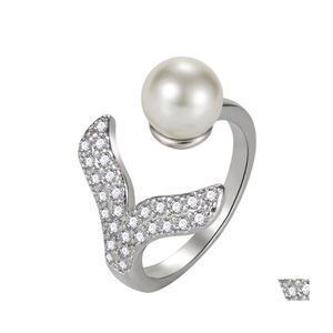 Avec des pierres latérales queue de poisson douce et délicate incrustée de perles anneau main imitation coquille sirène livraison directe bijoux Dhxdz