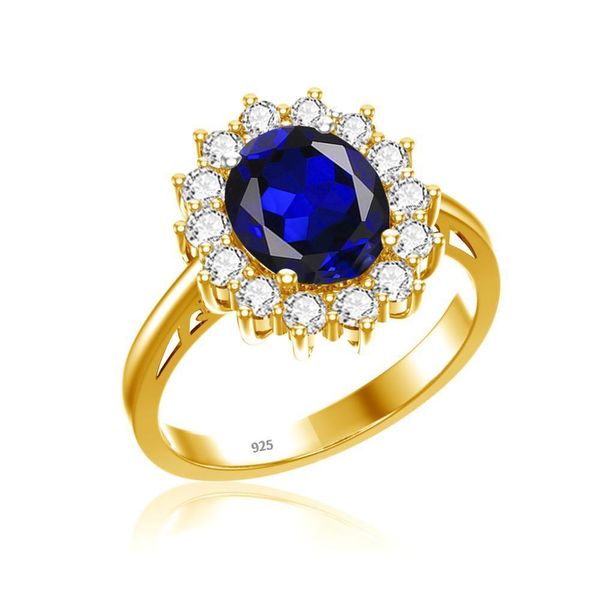 Avec des pierres latérales Szjinao Luxe Princesse Kate Bague Saphir Femme Ovale 8 * 10mm Pierre Réel 925 Bagues De Fiançailles En Argent Sterling Plaqué Or Bijoux 230629