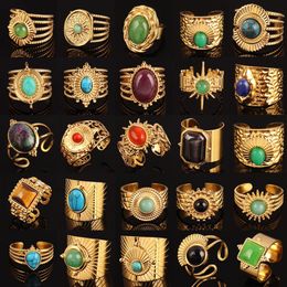 Avec pierres latérales Vintage géométrie pierre colorée bague naturelle en acier inoxydable Turquoise charmes large chaîne anneaux ouverts pour femmes bijoux 231101