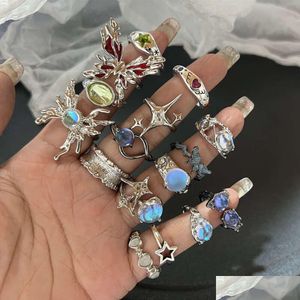 Met zijstenen Y2K Crystal Kpop Hart Verstelbare Ring Irregar Geometrie Punk Vintage Rings Set voor vrouwen Girls Nieuwe Fashion Jewelry D Dhm0i