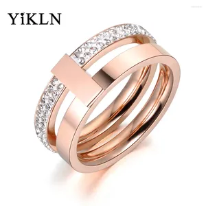 Avec pierres latérales YiKLN couleur or Rose 2 couches anneaux de mariage bijoux pour femmes en acier inoxydable 316L strass Bague de fiançailles Anneau