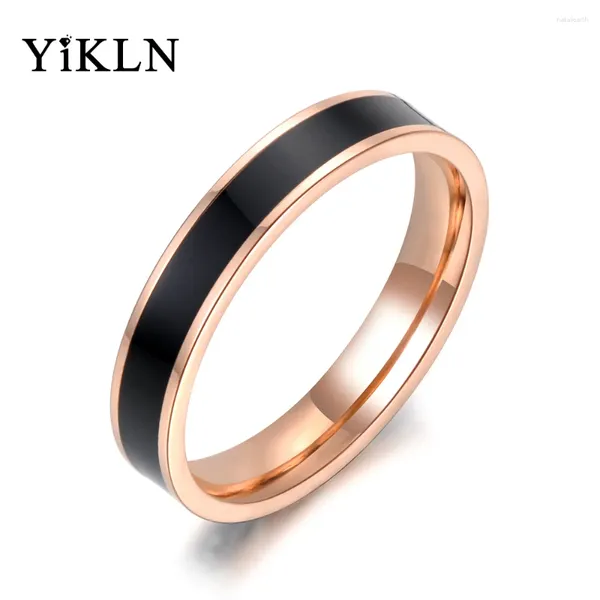 Avec pierres latérales YiKLN tendance noir/blanc 2 couleurs glaçure couleur or Rose anneaux de mariage simples bijoux bague en acier inoxydable pour femmes fille