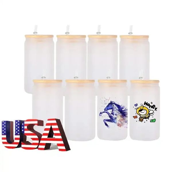 USA Stock 16oz Tasses en verre de sublimation Bouteilles d'eau Tasses vierges avec couvercle en bambou Canette de bière givrée Verres Tumbler Mason Jar Paille en plastique