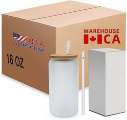 VS/CA gevuld 16oz sublimatie glazen mokken Clear Frosted Boba Tea Juice Cup Soda Jars Tumblers met bamboe deksel voor doe -het -zelf -printen
