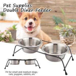 Avec support Pet Supplies Double Diner Feeder Nourrir Anti Slip Dog Bowl en acier inoxydable Amovible Raised Home Garden Easy Clean Y200922