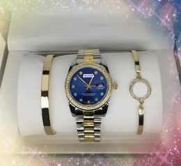 Met drie stukken accessoires modeheren horloges Auto date zakelijke casual klok Japan Quartz beweging Volledige roestvrijstalen diamanten ring Watch -cadeaus