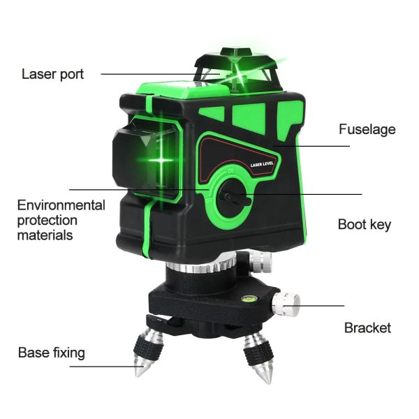 Avec le trépied 360 Horizontal et Vertical Cross Super puissant Laser Green niveau 3D Niveau auto-nivelant 12 lignes