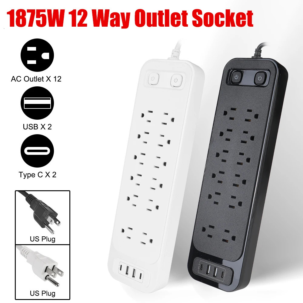 Med typece smart laddningsport 1875w 110v125v AC 5V31A USB Socket 12 Way Outlet Dual Switch US Plug Portable Power Strip 240228