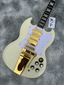 CONE Guitarra eléctrica personalizada, guitarra eléctrica importada Gold Jazz Treble SG, blanco crema, vibrato dorado