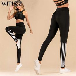 Witzz Stretch Mode Pull Strip Gedrukt Hoge Taille Sportleggings Dames Workout Leggings 211014