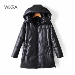 Wixra solide PU cuir coton veste à capuche femmes mode cuir longs manteaux dames imperméable épais vestes femme hiver 201120