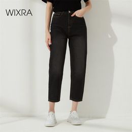 WIXRA stijlvolle denim broek vrouwelijke hoge taille jeans met bont bf casual knoop broek dames stromwear herfst winter 210922