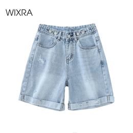 WIXRA Summer Blue Demin Shorts Button Pockets Hoge Taille Casual Streetwear Dames 210719
