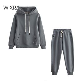 Wixra Winter Nieuwe vrouwen oversized sweatshirts High-end 100% katoen zware basis unisex trainingspakken voor mannen warme fleece set 201114