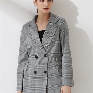 Wixra Women Plaid Casual Double Breasted Blazer Coat Turn Down Collar Pockets Female ol Chic Tops 220402
