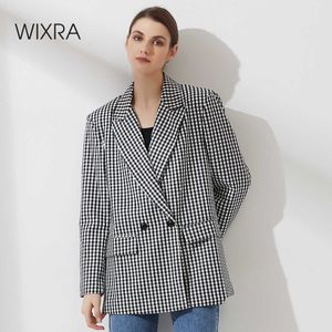 Wixra femmes Plaid Double boutonnage Blazer Vintage manteau mode col cranté à manches longues OL dames vêtements d'extérieur haut classique 210930