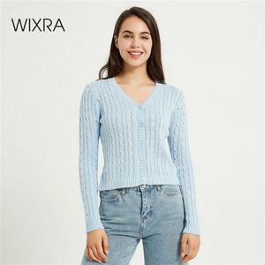 WIXRA Dames Cardigan Sweater Herfst Basic Casual V-hals Effen Lange Mouw Vrouwelijke Tops 210914