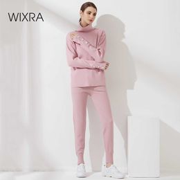 Wixra Dames Solid Trainingspak Elegante Pearl Button Turtleneck Sweater + Harem Broek Herfst Winter Vrouw 2 Stuk Set 210930