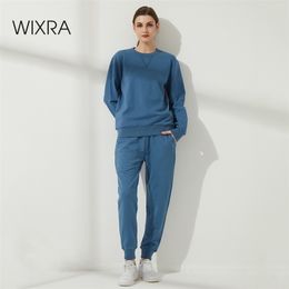 Wixra Womens 100% katoen Casual Sets O hals Tops + Elastische Taille Trekkoord Broek Basic Sweatshirts Suits Spring Herfst 210819