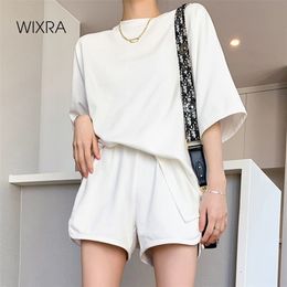 Wixra Womens Basic Katoen T-shirt Sets Zomer O Hals Tee + Elastische Taille Shorts Casual Dik Suits Street Wear 210721