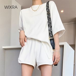 Wixra femmes basique coton t-shirt ensembles été O cou t-shirt + taille élastique Shorts décontracté épais costumes Street Wear 210721