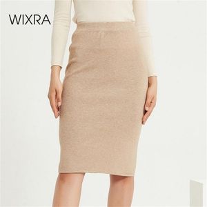 Wixra Faldas rectas de punto para mujer Sólido Básico Damas de cintura alta Falda hasta la rodilla Streetwear Otoño Invierno 210702