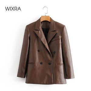 Wixra Womens PU Blazer Jacket Lente Herfst Casual Double Breasted Nigched Lange Mouwen Faux Lederen Jas High Street Bovenkleding 201201