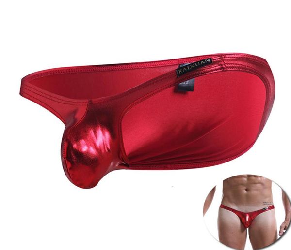 WJ Calzoncillos de bikini de cuero para hombre Ropa interior sexy para hombres Bolsa abultada Bragas para pene Traje de baño Mini calzoncillos sin costuras brillantes Dorado Púrpura3577769