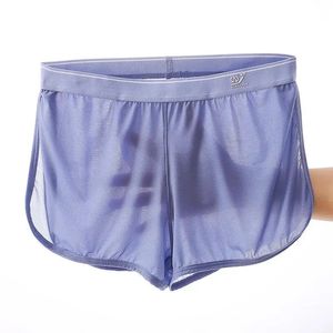 WJ Sexy Sleep Bottoms Men Shorts Ice Silk Mesh Ademende ondergoed Boxers Transparante slijtage 240509