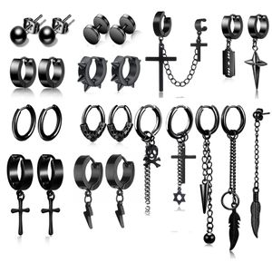 WKOUD 2/24 PCS roestvrijstalen oorbellen scharnierring Kruis hanger lange ketting piercing zwarte koel gotische oorring set voor mannen vrouwen