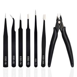 WMORE Anti-static 6PCS Tweezers Diagonal pliers Maintenance Tools Industrial Precision Curved Straight Tweezers Repair Hand Tool Y200321