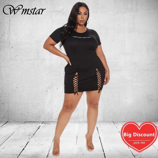 Wmstar Plus Size Vestidos para mujeres Black Hollow Out Sexy Super Stretch Mini Dress Venia Hem Summer Wholesale Drop 240420