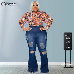 WMSTAR plus size jeans dames bodycon rekken vaste zakken hoge taille mode denim uitlopende broek groothandel druppel 240320