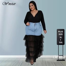 Wmstar Plus taille uniquement jupes vêtements denim maxi avec patchwork en mailles sexy