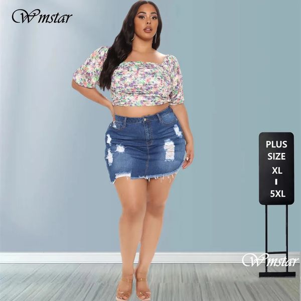 WMSTAR plus taille de taille jeans femmes moyennes étirement au-dessus du genou en mini-jupe de mode streetwear en gros drop 240513
