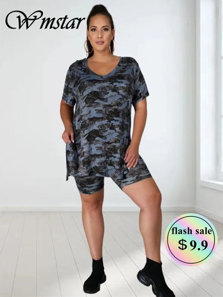 Wmstar grande taille deux pièces ensemble Camouflage femmes vêtements ensembles courts correspondant pantalons et haut costume été en gros goutte 240111