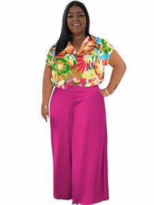 Wmstar Plus Size Conjuntos de dos piezas Ropa de mujer Camisetas estampadas Tops y pantalones sólidos Bolsillos de pierna ancha Venta al por mayor Dropshop E9cp #