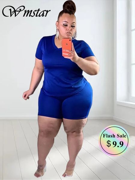 Wmstar grande taille femmes vêtements ensembles courts été solide décontracté Super Stretch deux pièces costume de sport en gros goutte 240220