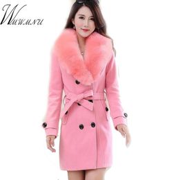 WMWMNU winter mode slanke lange wollen jas vrouwen Grote Bontkraag Double Breasted warme wollen jas Elegante vintage roze jas 2011047696004