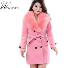 Wmwmnu Invierno Fashion Slim Long Wool Coat Women Big Fur Collar Collar de lana de doble pecho Elegante abrigo rosa vintage 2011049576238