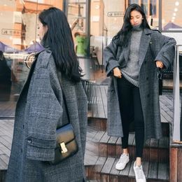 Woamn Plaid lana abrigo cálido cuello vuelto chaquetas largas sueltas Otoño Invierno moda coreana Femlae prendas de vestir exteriores gabardina 240125