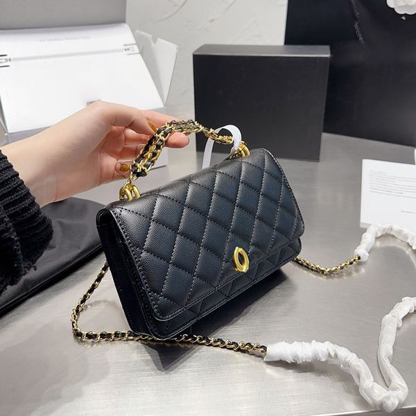 WOC Bolso con solapa Bolsos laterales pequeños con bandolera Bolsos bandolera Piel de becerro Gabrielle Diseño acolchado Bolso de mano con cadena ajustable dorado metálico negro de diseñador de lujo para mujer