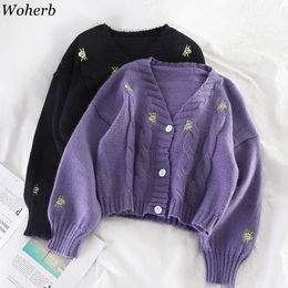 Woherb Automne Femmes Sweater Floral Broderie Cardigan Veste Coréen Knit Cute Manches Cardigans à tricoter Vintage LJ201017